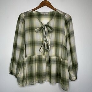 Loft Peasant Plaid Top Size L Green Flowy Bows Preppy Lightweight Lyocell